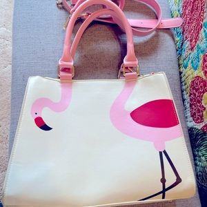 Ladies shoulder bag. White w/pink flamingo